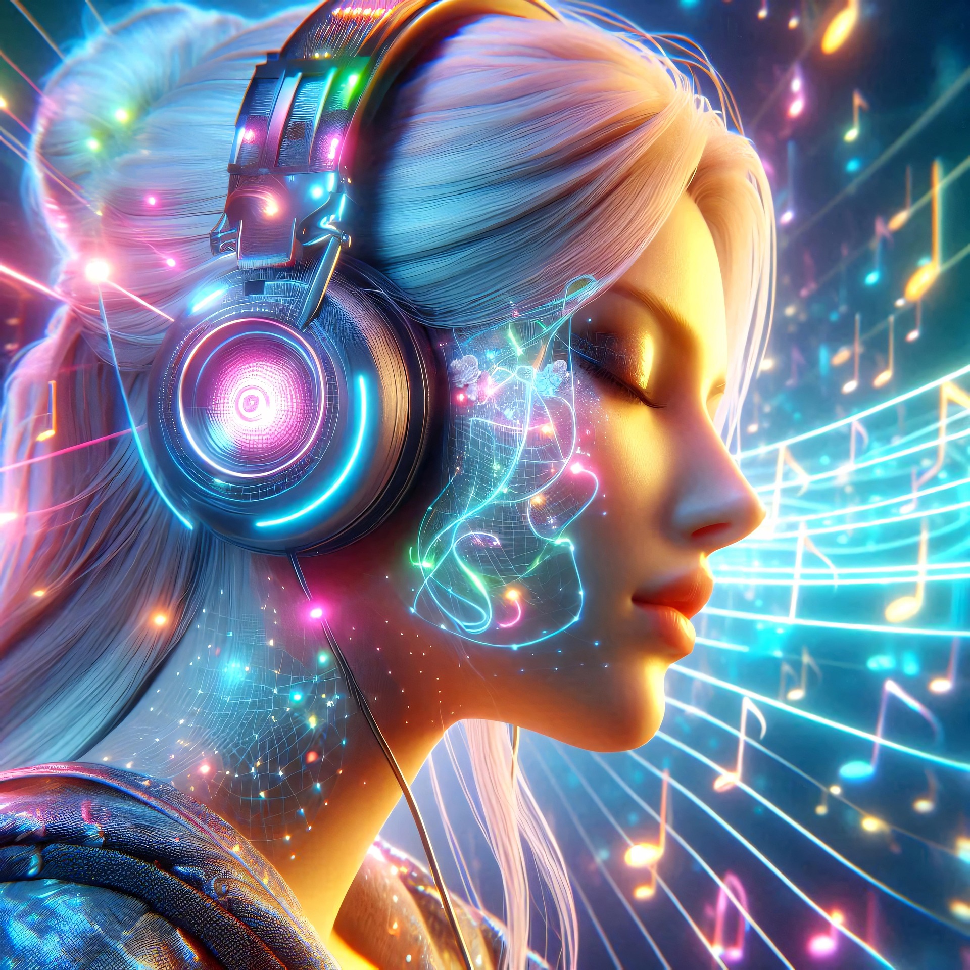 Woman listening to music through headphones