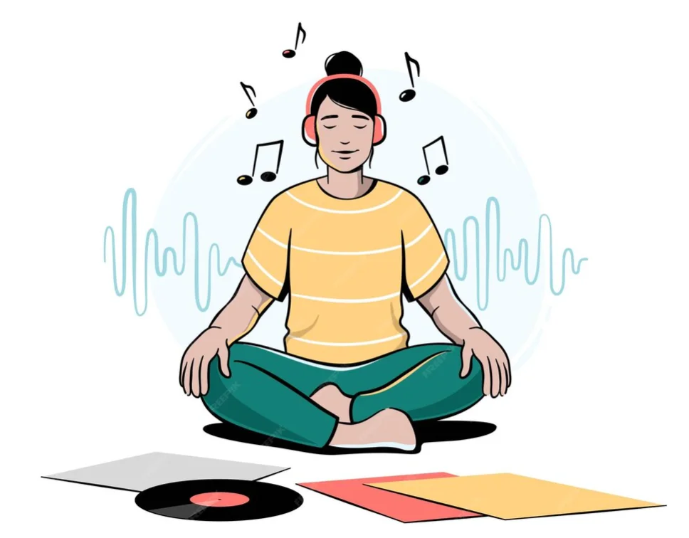 A woman listen to binaural beats music